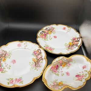 3 Pc. Set Antique Pouyat Limoges Pink Roses Gilded Gold Scroll‎ Scallop France